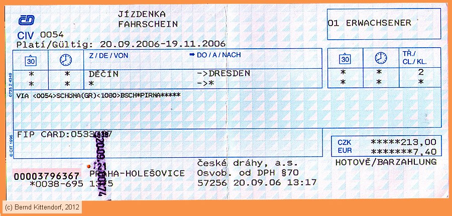 České Dráhy - Fahrkarte
/ Bild: cd_fk20060920efk.jpg