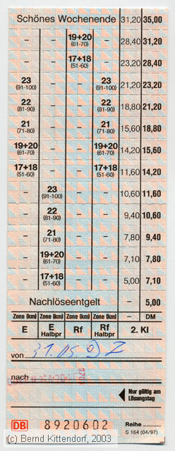 Deutsche Bahn - Fahrkarte - Wochenendticket
/ Bild: db_fk19970531woe.jpg Deutsche Bahn - Fahrkarte - Wochenendticket
/ Bild: db_fk19970531woe.jpg