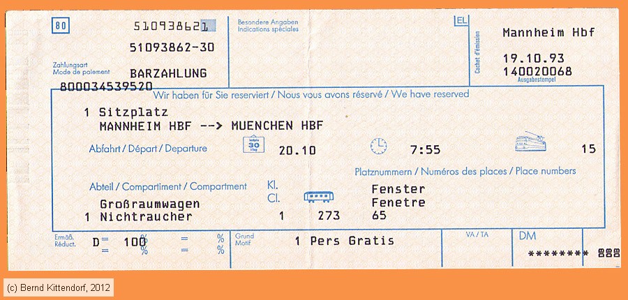 Deutsche Bundesbahn - Reservierung 
/ Bild: db_fk19931019res1.jpg
