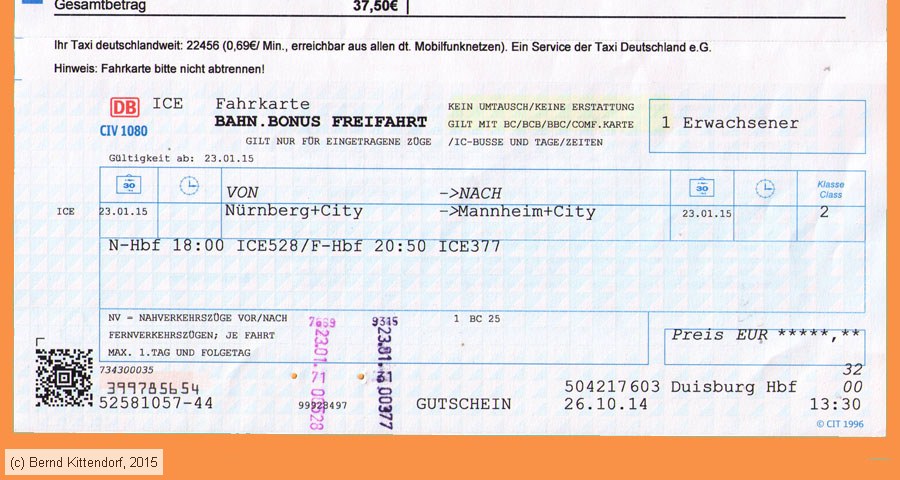 Deutsche Bahn - Fahrkarte Bahn.Bonus Freifahrt
/ Bild: db_fk20150123bbff.jpg