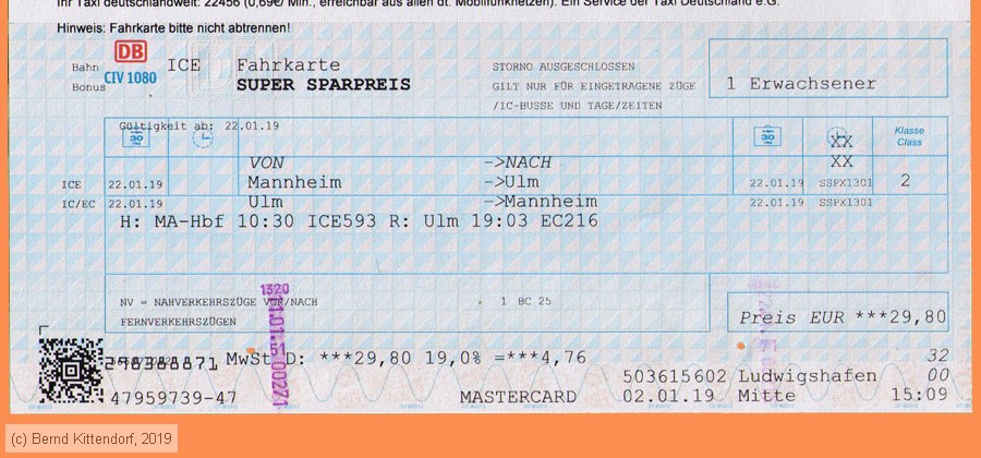 Deutsche Bahn - Fahrkarte Super Sparpreis
/ Bild: db_fk20190122ahr.jpg