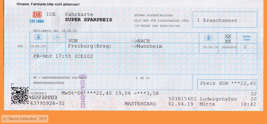 Deutsche Bahn - Fahrkarte Super Sparpreis
/ Bild: db_fk20190410r2a.jpg