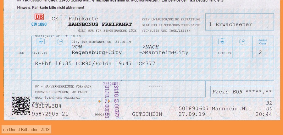 Deutsche Bahn - Fahrkarte Bahnbonus Freifahrt
/ Bild: db_fk20191031r1fa.jpg
