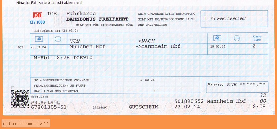 Deutsche Bahn - Fahrkarte Bahnbonus Freifahrt
/ Bild: db_fk20240328bbe.jpg