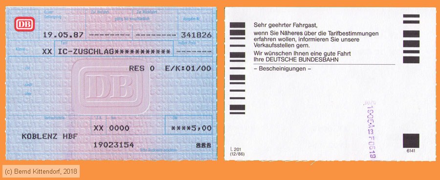 Deutsche Bundesbahn - IC-Zuschlag
/ Bild: db_fk19870519iczu.jpg
