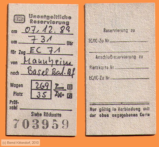 Deutsche Bundesbahn - Reservierung
/ Bild: db_fk19891207res07.jpg Deutsche Bundesbahn - Reservierung
/ Bild: db_fk19891207res07.jpg