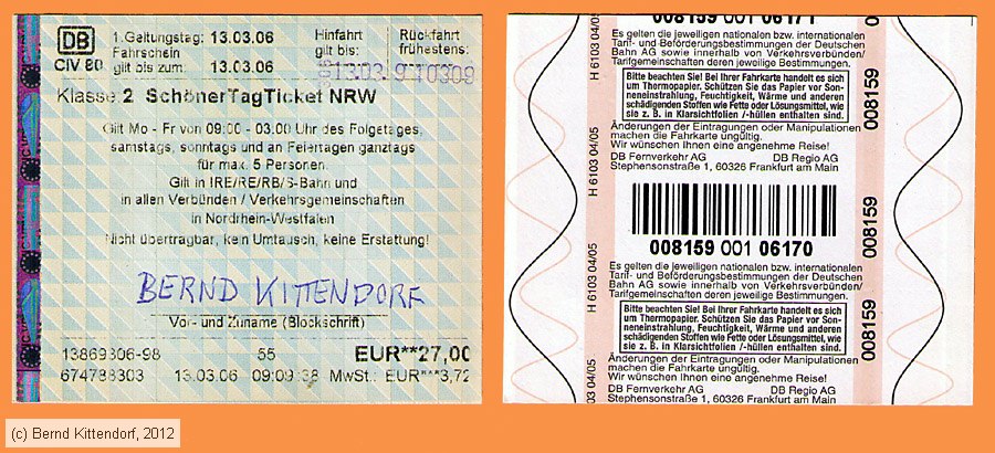 Deutschland – Eisenbahn - Fahrkarten - aus Fahrscheinautomaten - 2006