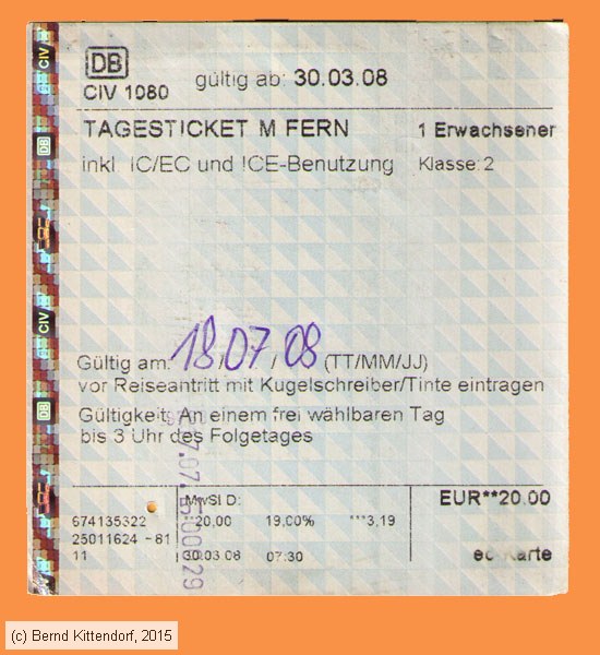 Deutsche Bahn - Fahrkarte
/ Bild: db_fk20080718ttmf.jpg Deutsche Bahn - Fahrkarte
/ Bild: db_fk20080718ttmf.jpg
