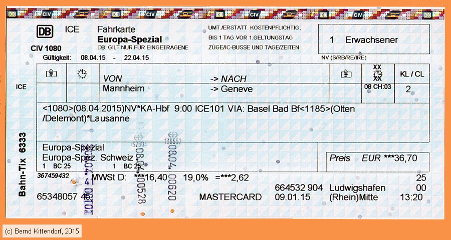 Deutschland – Eisenbahn - Fahrkarten - aus Fahrscheinautomaten - 2015