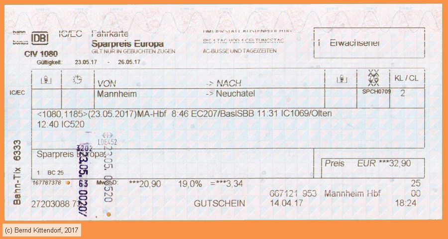 Deutsche Bahn - Fahrkarte Sparpreis Europa
/ Bild: db_fk20170523f1fb.jpg