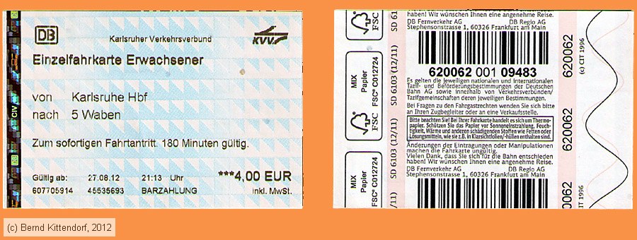 Deutsche Bahn - KVV Einzelfahrkarte
/ Bild: db_fk20120827kvvefk5zo.jpg