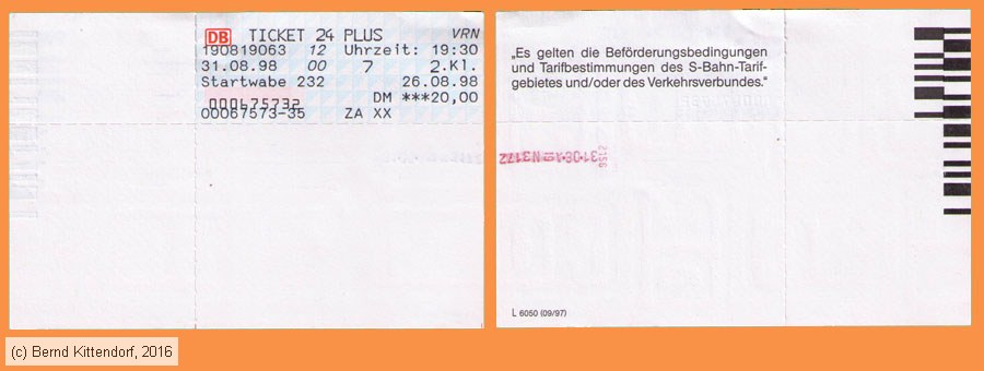 Deutsche Bahn - Fahrkarte
/ Bild: db_fk19980831t24plus.jpg Deutsche Bahn - Fahrkarte
/ Bild: db_fk19980831t24plus.jpg