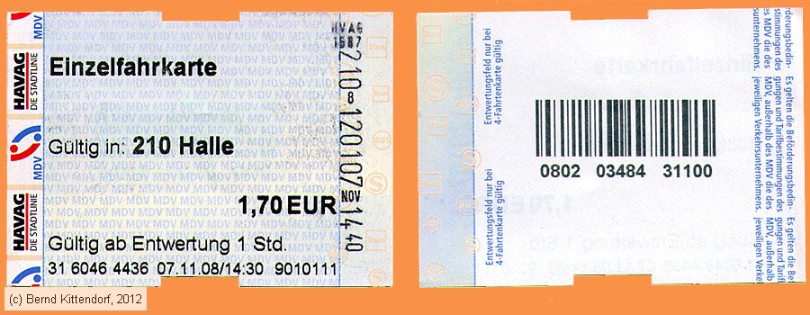 Straßenbahn Halle (Saale) - Fahrkarte 
/ Bild: halle_fk20081107efk.jpg