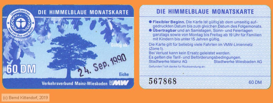 Verkehrsverbund Mainz-Wiesbaden - Fahrkarte
/ Bild: vmw_fk19900924hbm.jpg Verkehrsverbund Mainz-Wiesbaden - Fahrkarte
/ Bild: vmw_fk19900924hbm.jpg