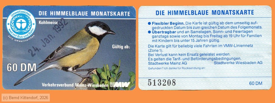 Verkehrsverbund Mainz-Wiesbaden - Fahrkarte
/ Bild: vmw_fk19920124hbm.jpg Verkehrsverbund Mainz-Wiesbaden - Fahrkarte
/ Bild: vmw_fk19920124hbm.jpg