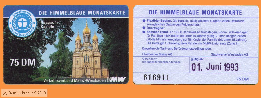 Verkehrsverbund Mainz-Wiesbaden - Fahrkarte
/ Bild: vmw_fk19930601hbm.jpg Verkehrsverbund Mainz-Wiesbaden - Fahrkarte
/ Bild: vmw_fk19930601hbm.jpg