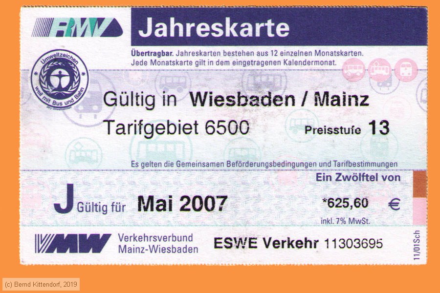 Rhein-Main-Verkehrsverbund - Fahrkarte
/ Bild: vmw_fk20070501jk.jpg Rhein-Main-Verkehrsverbund - Fahrkarte
/ Bild: vmw_fk20070501jk.jpg