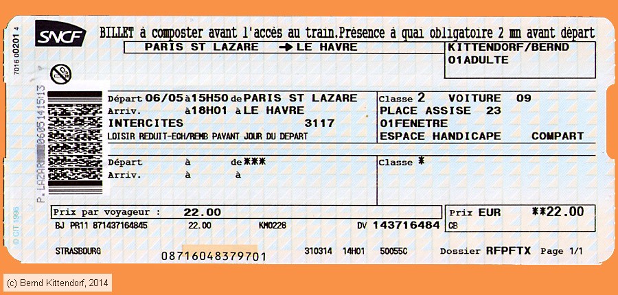 SNCF - Fahrkarte
/ Bild: sncf_fk20140506lrkb.jpg SNCF - Fahrkarte
/ Bild: sncf_fk20140506lrkb.jpg