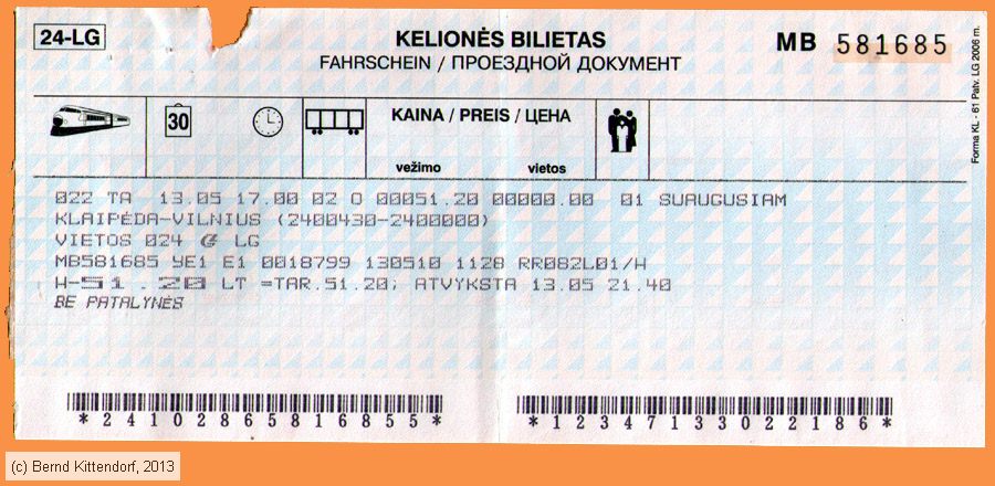 Lietuvos geležinkeliai - Fahrkarte
/ Bild: lg_fk20100513fke2.jpg