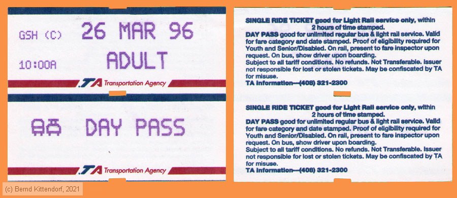 Santa Clara County Transportation Agency - Fahrkarte
/ Bild: sanjose_fk19960326day.jpg Santa Clara County Transportation Agency - Fahrkarte
/ Bild: sanjose_fk19960326day.jpg
